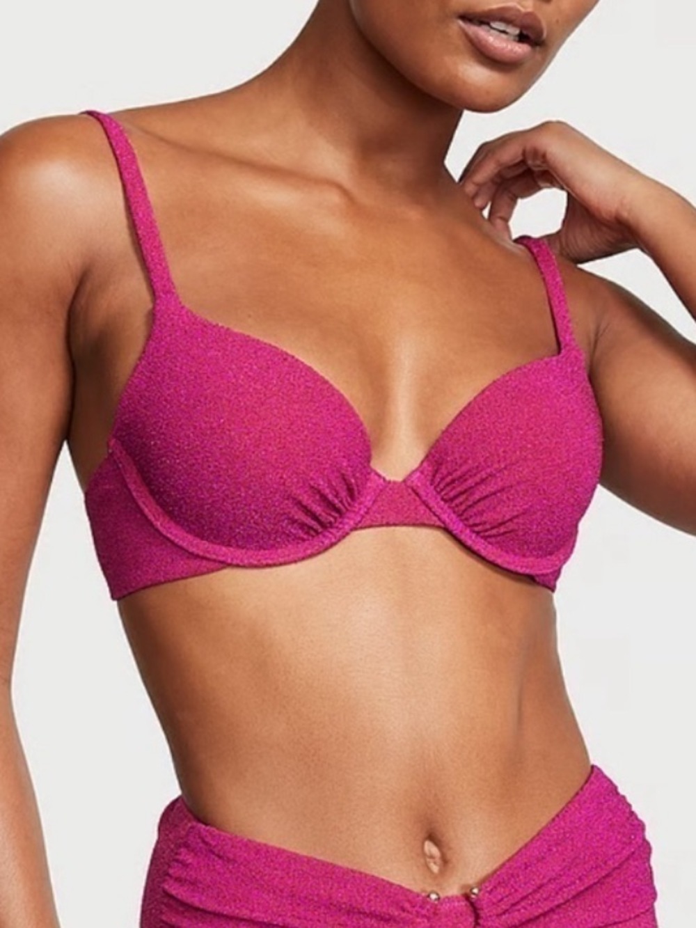 NWT Victoria's Secret The Icon Push Up Bikini Top Pink Sparkle Size 38 DDD
